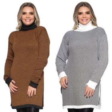 Imagem de Kit 2 Ponchos Feminino Plus Size Xadrez Gola Alta de Tricô - Ebenezer,
