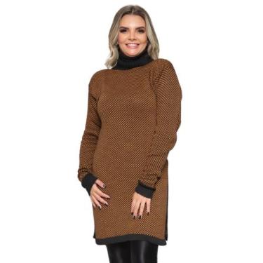Imagem de Poncho Feminino de Tricô Mousse Xadrez Gola Alta Plus Size - Ebenezer,