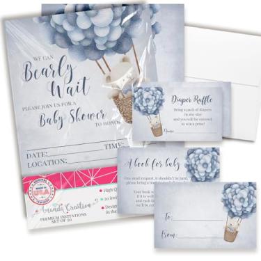 Imagem de Convites de chá de bebê para meninos – Conjunto de convites para chá de bebê de urso de pelúcia azul com ingressos de sorteio de fraldas, cartões de solicitação de livro e envelopes. Conjunto de 20