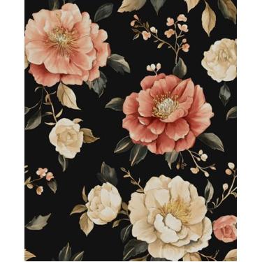 Imagem de VOLEAAR Papel de parede floral descasque e cole, papéis de parede escuros vintage autoadesivos para quarto, bancada, armário, papel de contato de vinil removível boêmio botânico grande flor rosa