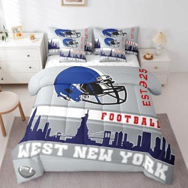 Imagem de Erosebridal Jogo de cama solteiro com 7 peças, para fãs de futebol americano, para crianças, futebol americano, cidade, cinza, azul, decoração de sala de competição, decoração de quarto de rúgbi, jogo