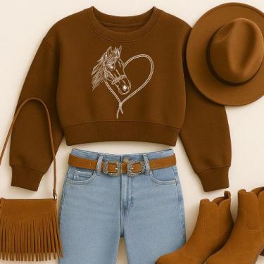 Imagem de Cropped Moletom Country Estampa Cavalo Coração Modinha Estiloso Apaixo
