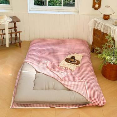 Imagem de NSNLGSGC Capa de futon para colchão japonês vermelho guingão queen, xadrez xadrez tatami japonês, tapete de dormir quadriculado para hóspedes (vermelho guingão, Queen)