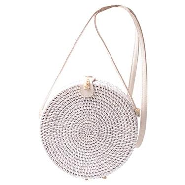 Imagem de SHAREYOIU Bolsas brancas feitas à mão com ombros de vime, natural, chique, estilo tropical de praia com alça de couro, Pura, Big，7.87x 3.2 inch