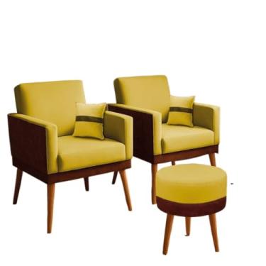 Imagem de Kit 02 Poltronas para Sala Decorativa Lis com Almofada e Puff Redondo Corino Peroba e Suede Aninha Decor (Amarelo)