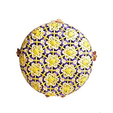 Imagem de SHAREYOIU Bolsas de ombro redondas de bambu tecidas à mão, estilo tropical de praia natural chique com alça de couro, Amarelo, Big，7.87x 3.2 inch