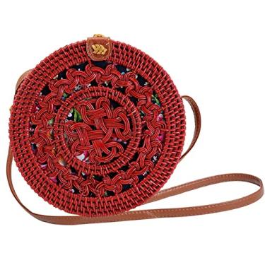 Imagem de SHAREYOIU Candy Colors Bolsas de ombro redondas de vime feitas à mão, estilo praia tropical natural chique com alça de couro, N° 3 gravata vermelha, Big，7.87x 3.2 inch