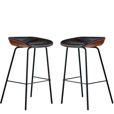 Imagem de Kit 2 Cadeira Banqueta Alta Com Assento Estofado em Couro Preto e Marrom Leather  EdeCasaMoveis