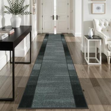 Imagem de Uphome Tapete de corredor preto moderno, 60 x 25 cm, lavável, quadriculado, antiderrapante, resistente a manchas, ombré, geométrico, corredor, pêlo baixo, tapete longo e macio para corredor, quarto