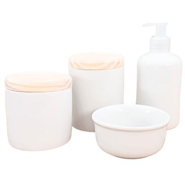 Imagem de Kit higiene bebê lavabo 4 pçs - Porcelana branca e Pinus