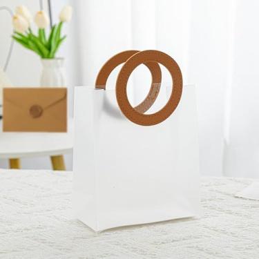 Imagem de OWLSOME Bolsa de presente transparente de 3 peças com alça de couro elegante 22 x 21 x 10 cm, sacos de presente reutilizáveis com acabamento fosco com cartão, envelope e adesivo de lacre de cera