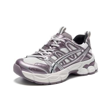 Imagem de BEAU TODAY Tênis grosso para mulheres, tênis fashion feminino, sapatos casuais de couro para caminhada, plataforma com cadarço, sapatos leves e confortáveis para pais, Roxo-cinza, 35