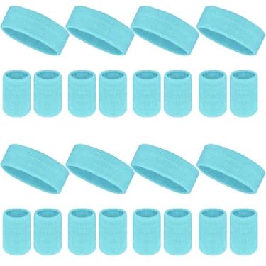 Imagem de O conjunto de 24 faixas de suor neon inclui 8 faixas esportivas e 16 pulseiras de algodão neon dos anos 80 para academia, tênis, basquete, corrida, exercícios (ciano)