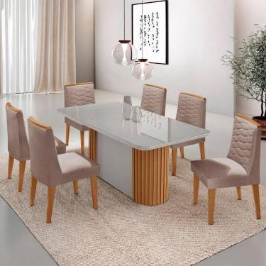 Imagem de Mesa Jantar Aspen Tampo MDF Vidro 6 Cadeiras Eloise Moderna Linho Capuccino Off White