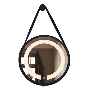 Imagem de Espelho Adnet Redondo Iluminado 60cm Borda, Preto com Alça Preta 3000K Led Quente