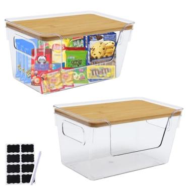 Imagem de Yomjarl Pacote com 2 organizadores de lanche para prateleira de despensa, cesta de armazenamento de lanchonete com alça e tampa de madeira, cestas de plástico empilháveis para organizador de caixas de