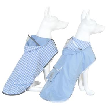 Imagem de MAMORE Capa de chuva para cães, reversível, impermeável, para cães, poncho com capuz, faixa refletiva, jaqueta de chuva xadrez de camada dupla para cães pequenos, médios e grandes (azul claro, médio)