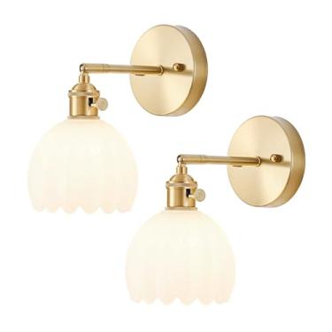 Imagem de LINSEEDS Conjunto de duas arandelas de parede com fio, arandelas de parede vintage com abajur de vidro branco de leite de tulipa, arandelas de parede de banheiro com interruptor, arandelas douradas