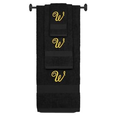 Imagem de Iniciais bordadas personalizadas A-Z - Toalha de banho de algodão felpudo personalizada, conjunto de toalha de mão e toalha de banho - Conjunto de toalha preta, letra W com letra Diana dourada