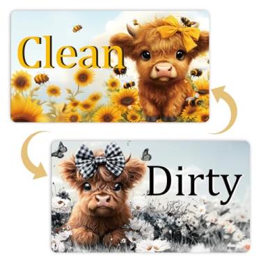 Imagem de Ímã da máquina de lavar louça, placa suja limpa - cosmisun Highland Cow Sunflower Clean Dirty Dishwasher Magnet Cartoon Cow Clean Dirty Sign Lavadora de louças, indicador de flip magnético para