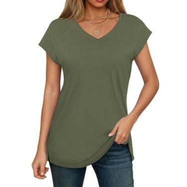 Imagem de Camiseta SMENG com decote em V para mulheres de algodão verde-exército