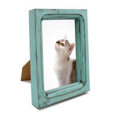 Imagem de CVHOMEDECO. Porta-retrato 10 x 15 feito de madeira maciça, vidro de alta definição, design rústico, vintage, moldura pequena para exibição de mesa e montagem na parede, azul envelhecido