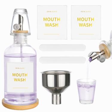 Imagem de RELBRO Dispensador de enxaguante bucal de vidro para banheiro, recipiente de enxaguante bucal recarregável de 335 g com copo, bico de despejo automático, bandeja de bambu, funil, adesivos