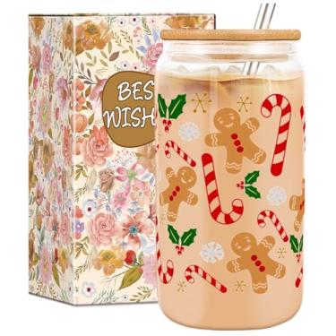Imagem de Presentes de Natal, xícara de café gelado de gengibre de Natal, decorações de Natal de pão de gengibre, copo de vidro de 473 ml com tampas e canudos, copo de caneca de Natal, presentes de Natal -