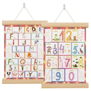 Imagem de Zeeko Conjunto de 2 molduras para pôsteres de números do alfabeto, moldura para pôsteres de arte de parede do alfabeto, decoração de arte de parede com molduras de madeira, pôsteres educativos, arte