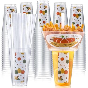 Imagem de SiliFine 25 conjuntos de copos de bebida e lanche de abóbora de outono com canudos, copo de plástico descartável para estádio com tigela de lanche para batatas fritas, frango, fruta