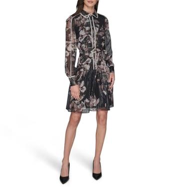 Imagem de Karl Lagerfeld Vestido feminino Paris manga longa estampado chiffon enrugado, Preto/Vicuna Multi/Birch, 46