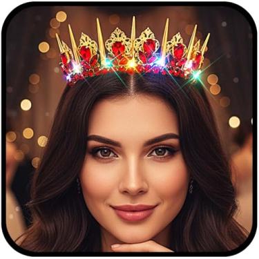 Imagem de Urieo Tiara feminina de strass vermelha com coroa de cristal iluminada, baile de formatura, dia das bruxas, com pentes