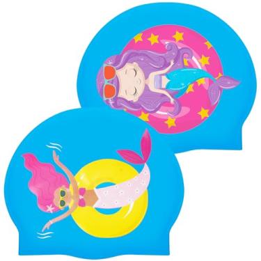 Imagem de Tivcck 2 toucas de natação infantis, touca de natação de silicone, toucas de natação de silicone para crianças, meninos, meninas, toucas de banho à prova d'água, chapéu de natação de sereia para