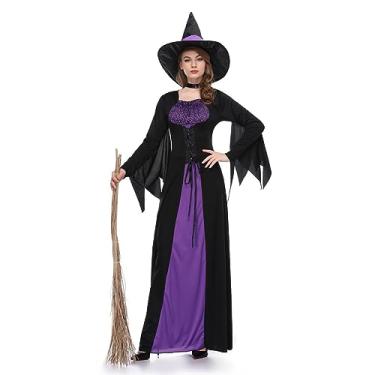 Imagem de EVGVAT Fantasia feminina de bruxa fantasia de Halloween com chapéu de bruxa para cosplay adulto (Médio, roxo)