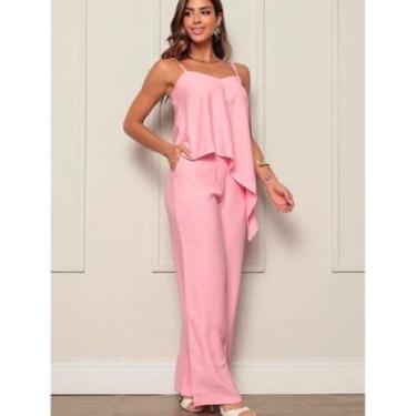 Imagem de CONJUNTO FEMININO CALÇA SOCIAL FLARE E BLUSA TRANSVERSAL COM BABABDO REGATA ALCINHA ALFAITARIA-Feminino