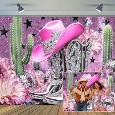 Imagem de 2,1 x 1,5 m pano de fundo de festa discoteca ocidental roxo chapéu rosa chapéu de cacto fundo selvagem rústico chá de panela decoração de festa de aniversário adereços de estúdio cabine de fotos
