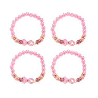Imagem de Dreuyet 4 pulseiras femininas para câncer de mama, berloque, fita rosa, pulseiras elásticas de conscientização, presente de incentivo, joias de câncer de mama, Medium, Liga de aço, Sem Pedra Preciosa