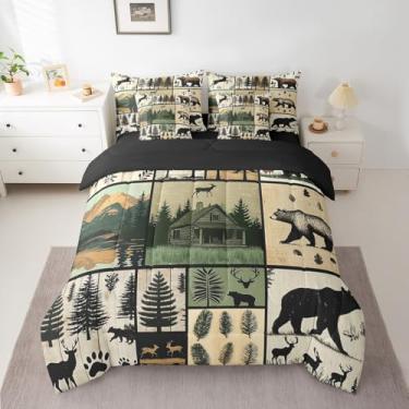 Imagem de Conjunto de edredom rústico tamanho casal, 7 peças, retrô, urso, cama para crianças, meninos, meninas, casa de fazenda, urso, veado, cama em uma bolsa, animais da floresta, vintage, decoração de
