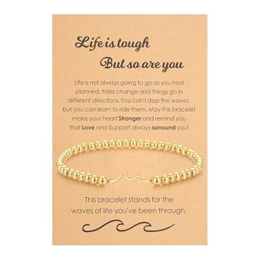 Imagem de morniface Pulseira feminina com contas banhadas a ouro 14 K, pulseira elástica com pingentes de ouro, delicada pulseira elástica feita à mão, joias de ouro modernas, presente, Medium, Aço inoxidável