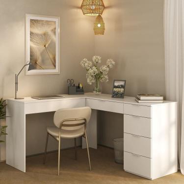 Imagem de Escrivaninha em L com 5 Gavetas para Escritório Branco