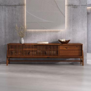 Imagem de Rack Ripado Para Sala TV 75 Polegadas Minimalista 2 Gavetas Madeira Castanho Adamo