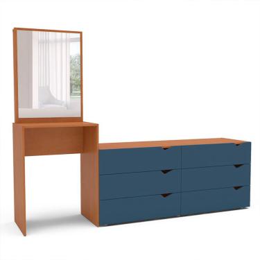 Imagem de Cômoda com Espelho Porto 6 Gavetas Freijó e Azul
