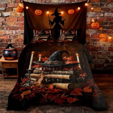 Imagem de Conjunto de edredom infantil com chapéu de bruxa, tamanho Queen, folha de bordo, outono, feliz dia das bruxas, outono, decoração de quarto de meninas, meninos, edredom gótico, mágico, triplo, com