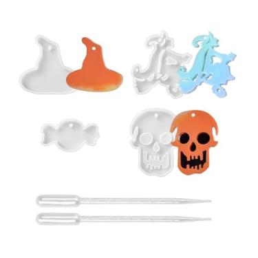 Imagem de 4 moldes de silicone para Halloween, crânio, bruxa, doce, forma de chapéu de bruxa, moldes de fundição de resina com pipetas de plástico para brincos faça você mesmo, pingente, chaveiro, fabricação de