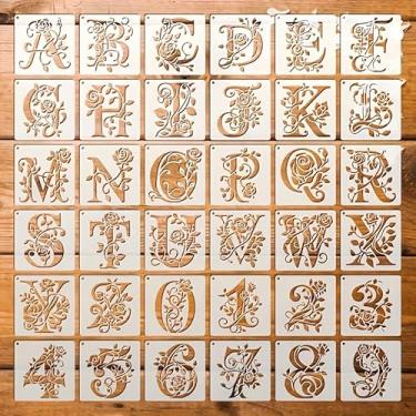 Imagem de Conjunto de 36 peças de estênceis do alfabeto, modelos de letras de plástico reutilizáveis de 10 cm, estênceis de pintura artesanal DIY para tecido de madeira