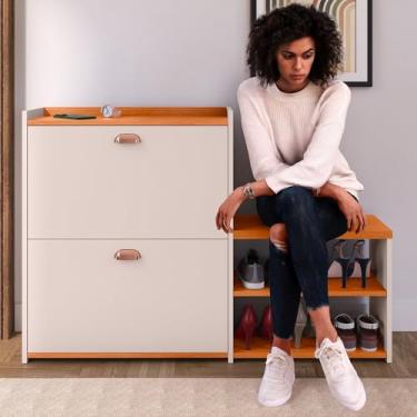 Imagem de Sapateira Basculante 2 Gavetas com Banco 21 Pares – Móvel Organizador Multiuso para Hall de Entrada Sala e Quarto (Off White/Cinamomo)