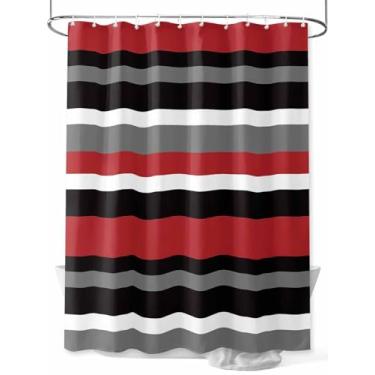 Imagem de Cortina de chuveiro listrada retrô vermelha e preta, estampa geométrica moderna, tecido lavável à prova d'água, conjunto de cortinas de chuveiro para decoração de banheiro, 182 x 182 cm de comprimento