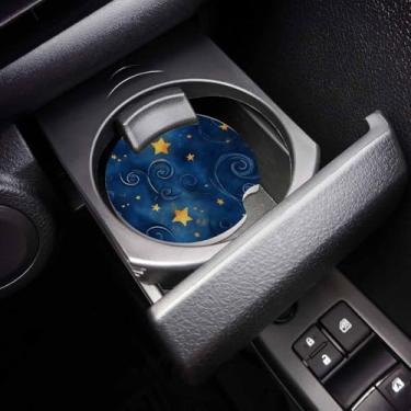 Imagem de Conjunto de 2 porta-copos de carro com estrela azul marinho e amarelo, céu estrelado, vintage, pedra de cerâmica absorvente com entalhe de dedo para facilitar a remoção do porta-copo automotivo