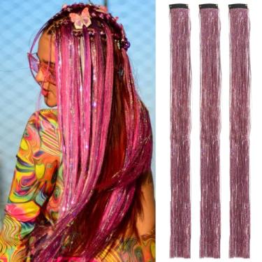 Imagem de Grampos de cabelo com tinsel de cabelo colorido 3 peças, 19,8 polegadas 1060 fios decorações de cabelo coloridas acessórios de grampos de cabelo (pacote com 3, rosa #)