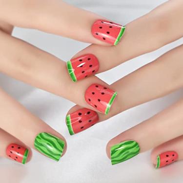 Imagem de Pregos postiços de acrílico esvoaçante pré-design verde vermelho melancia prensa curta unhas postiças unhas falsas kits de manicure